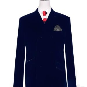Navy Blue Velvet Double-Breasted Jacket